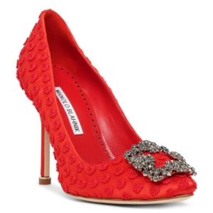 Manolo Blahnik -Hangisi 105mm Embellished Textured-satin Pumps-RED